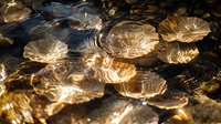 Delicate seashells underwater with golden sunlight creating magical reflections and shadows. Natural organic shapes in shallow coastal waters create dreamy marine scene.