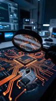Gloved hand holding magnifying glass over glowing circuit board with orange light trails, CPU chip inspection in dark tech lab.