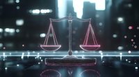 Glowing scales of justice on dark background with neon pink and blue lighting effects, symbolizing law, balance and legal system in modern interpretation.