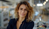 Young professional woman with wavy blonde hair wearing glasses and navy blazer smiles confidently in modern office setting with soft bokeh background lighting.