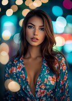 Young woman with brown hair in floral dress against blurred bokeh lights background, dramatic portrait with soft evening illumination and vibrant colors.