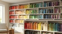 Modern home library with colorful books arranged by rainbow spectrum on white built-in shelves creating organized reading space for interior design.