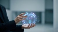 Businessman hands holding glowing digital globe with network connections in modern office environment for technology and global business concepts.