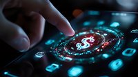 Hand touching glowing dollar sign hologram on digital interface representing financial technology, mobile banking, cryptocurrency trading and digital economy.