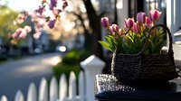 Pink tulips in dark woven basket on window sill with white picket fence and bokeh sunset background create cozy spring atmosphere for home decor and garden design.