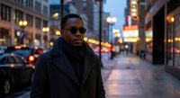 Young African American man in sunglasses and black coat walking through illuminated city street at dusk with bokeh lights and urban atmosphere.