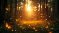Magical forest scene with glowing fireflies illuminating dark woods at sunset, golden light streaming through tall pine trees creating ethereal atmosphere.
