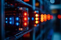 Glowing red and blue LED indicators on server rack equipment with blurred bokeh lights in dark data center, modern technology infrastructure background.
