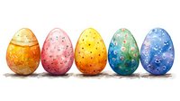 Colorful watercolor Easter eggs in rainbow order from orange to blue with speckled patterns and artistic texture standing in row on white background.