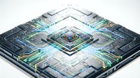 Microchip with glowing blue circuitry and data pathways, representing advanced technology, artificial intelligence, and digital innovation for tech industry applications.