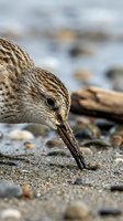 Small shorebird with speckled brown plumage foraging on sandy beach, probing wet sand with long beak for food in natural coastal habitat.