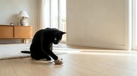 Black cat playing with toy mouse on wooden floor in bright sunlit living room with modern furniture and neutral decor.