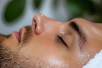 Young Caucasian man with closed eyes and facial hair relaxing during spa treatment, face moisturized and glowing, wellness and skincare concept.