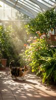 Tabby cat exploring sunny greenhouse filled with blooming flowers and lush green plants, ideal for pet, nature, and gardening content.