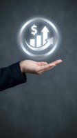 Businesswoman holding glowing neon icon with dollar sign, ascending bar chart and upward arrow symbolizing financial growth, profit increase and positive business performance.