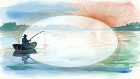Peaceful fishing scene with angler in boat on calm lake at sunrise, watercolor style illustration with copy space for text and design projects.