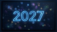 Glowing blue neon 2027 numbers on dark starry background with colorful bokeh lights for New Year celebration and future planning concepts.