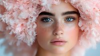 Young woman with blue eyes and natural makeup wearing pink feather headdress against soft blue background, ethereal beauty portrait with dreamy romantic mood.