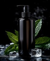 Black cosmetic bottle with pump dispenser on dark background with fresh mint leaves and ice cubes, luxury skincare product photography for beauty brands.