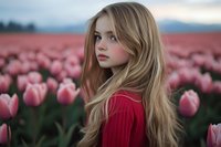Young woman with long blonde hair wearing red sweater standing in blooming pink tulip field at sunset, dreamy spring atmosphere with mountains in background.