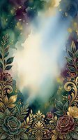Watercolor background with ornamental gold foliage and roses framing a luminous center space, featuring deep teal, emerald, and purple washes with golden accents. Isolated design element for invitations, posters, and digital projects.