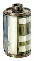 Vintage film canister with cream and olive checkered pattern, featuring weathered metal cap and aged brass finish. Isolated on white background, suitable for retro design projects, packaging mockups, and nostalgic themed compositions.