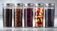 Glass jars filled with assorted dried tea leaves, herbs, and fruit pieces arranged in row showing variety of colors and textures against gray background.