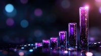 Glowing purple crystal bars rising in sequence with sparkling particles and bokeh lights creating magical data visualization for business presentations.