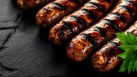 Grilled sausages with charred marks and caramelized surface arranged diagonally on dark slate background, garnished with fresh parsley leaf. Food photography.