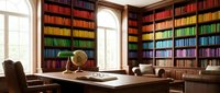 Elegant library interior with rainbow-colored books arranged by hue on wooden shelves, featuring classic desk, globe and warm natural lighting.