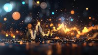 Glowing city skyline silhouette at night with floating bokeh lights and golden sparkles reflecting on water surface creates magical urban atmosphere.