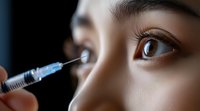 Close up view of medical cosmetic procedure with syringe injection near eye area showing precise application technique for aesthetic treatment.