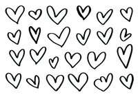 Hand drawn heart doodles in black outline style on white isolated background. Simple romantic elements for greeting cards, social media, and design projects.