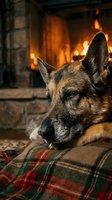 German shepherd dog resting on plaid blanket by warm fireplace creating cozy winter atmosphere for home comfort and relaxation concepts.