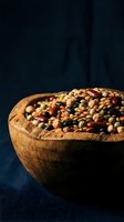 Wooden bowl filled with colorful mixed legumes and beans on dark blue background for healthy cooking and nutrition concepts.