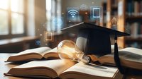 Online education technology concept with graduation cap, lightbulb and digital icons floating above open books in modern library setting.