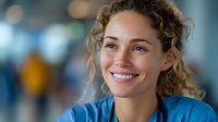 Young female healthcare professional with curly blonde hair smiling warmly in medical scrubs at hospital or clinic setting with soft bokeh background.