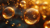 Magical glowing golden bubbles floating in dark space with bokeh light effects and sparkles creating dreamy atmospheric background.