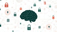 Brain with padlocks and circuit patterns on white background representing cybersecurity, artificial intelligence, and digital mind protection concepts.
