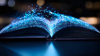 Open book emitting magical blue light and glowing particles against dark background, creating mystical atmosphere for fantasy and education concepts.