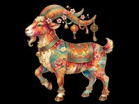 Ornate Chinese zodiac goat with floral and lantern details, isolated on transparent background, ready for stickers, T-shirts, and print on demand.