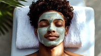 Young African American woman with curly hair relaxing during spa facial treatment with green clay mask on face, lying on white towel with eyes closed.
