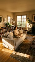 Young Caucasian woman meditating on sofa in warm sunlit living room with bookshelves, plants, and stone fireplace, promoting mindfulness and wellness.