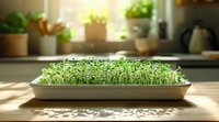 Fresh microgreens growing in white container on wooden surface with natural sunlight and kitchen window background, healthy organic home gardening concept.