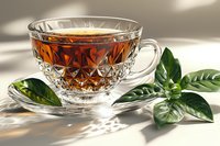 Crystal glass teacup filled with amber tea on saucer, decorated with fresh green leaves, sunlight casting soft shadows through window, elegant morning scene.