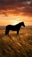 Horse silhouette standing in golden grassland field during dramatic sunset with orange and amber sky clouds creating peaceful countryside atmosphere.