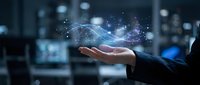 Businessman hand holding glowing digital network connections with data points and light effects in modern office environment for technology presentations.