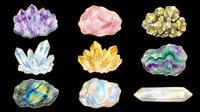 Watercolor gemstones and crystals collection isolated on transparent background, ready for stickers, t-shirt design, clipart, sublimation, and print on demand use.