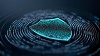 Glowing digital shield icon surrounded by binary code circles on dark background represents cybersecurity and data protection concept.