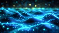 Glowing blue digital wave pattern with particles and bokeh effects on dark background creates futuristic technology visualization for business presentations.